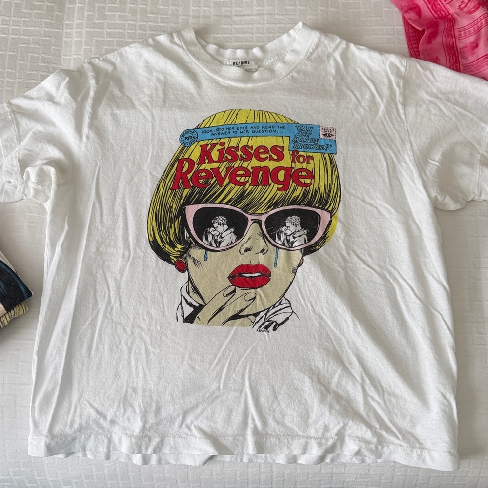 Re/Done White Graphic Tee with Yellow and Red Accents